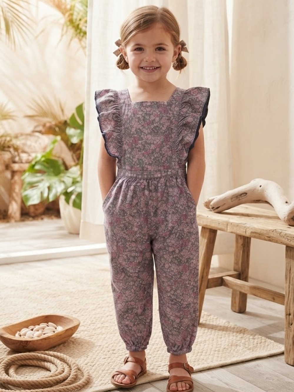 JAMIE KAY Organic Cotton Ruffle Flutter Sleeve Floral Jumpsuit